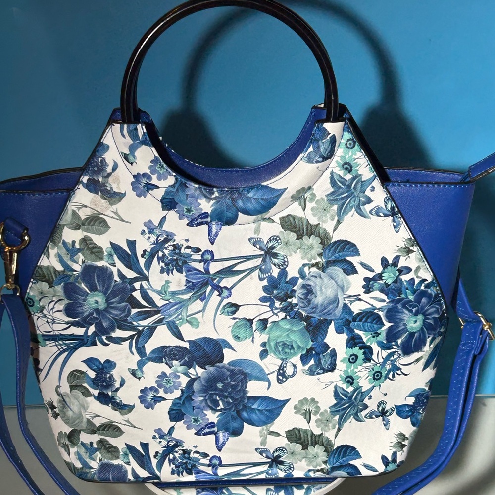 Blue and White Saffiano Leather Floral Crossbody Bag. 15” x 10” x 6” EUC